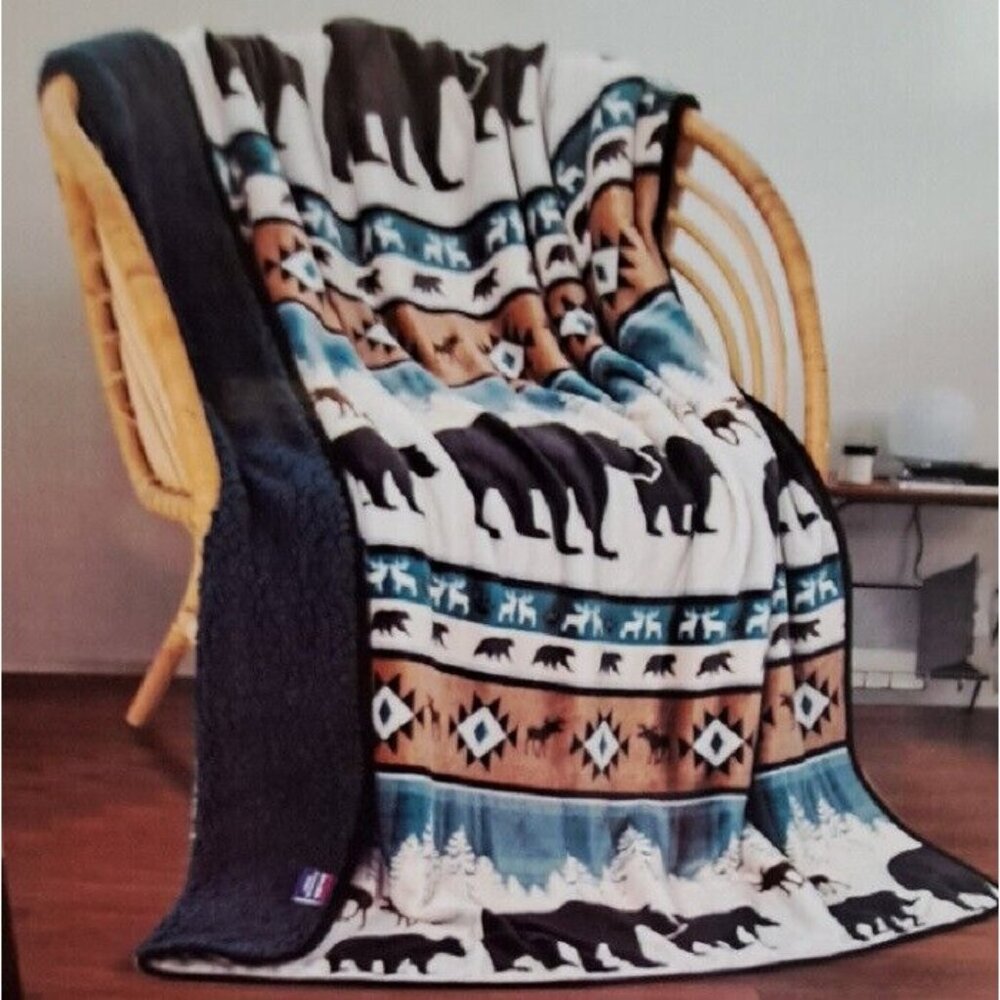 New Teal Lodge Plush Fleece Throw Gift Blanket Sherpa Rustic Cabin Moose Bear